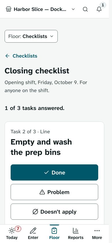 A closing checklist in progress on a phone, showing task 2 of 3 with Done, Problem and Doesn’t apply buttons.