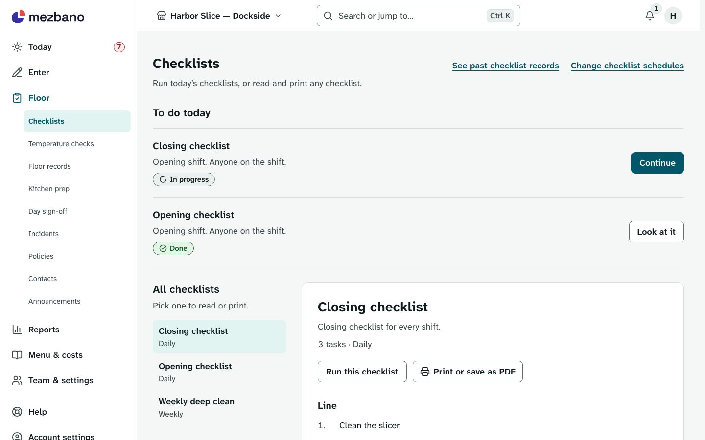 The Checklists page on a desktop: today’s closing checklist in progress and the opening checklist done, with the list of all checklists and a preview of one.