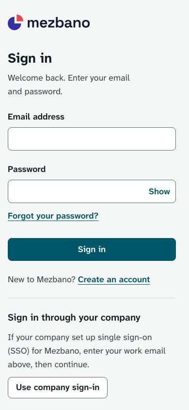 The sign-in page on a phone, with email and password fields and a Sign in through your company section that has a Use company sign-in button.