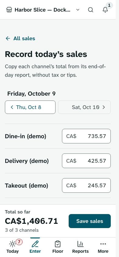The Record today’s sales page on a phone, with one amount field each for Dine-in, Delivery and Takeout, a running total and a Save sales button.