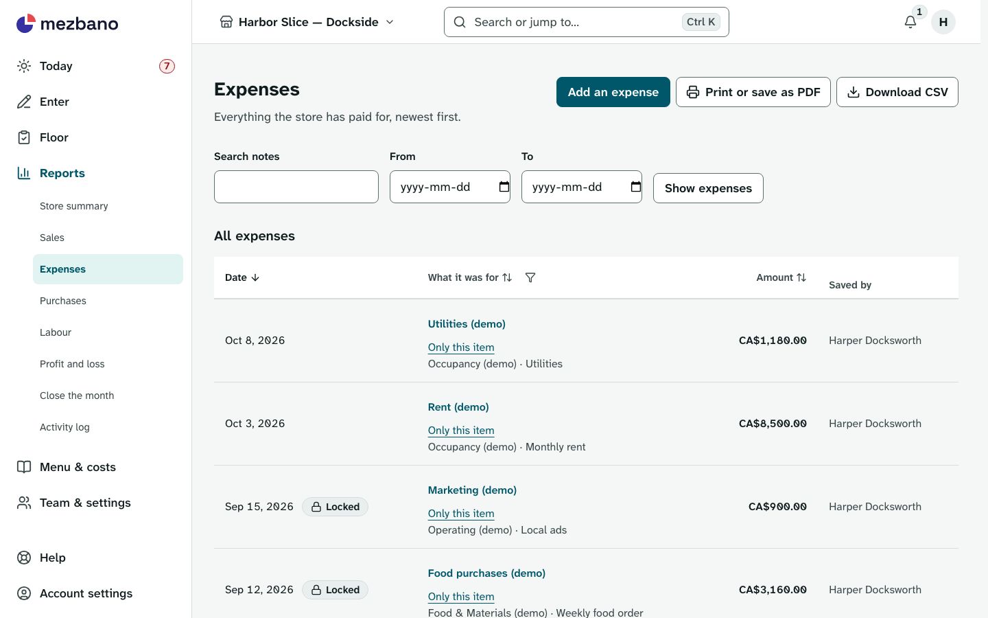 The Expenses page on a desktop: a filterable list of expenses with date, what each was for, amount and who saved it, with locked rows marked for a closed month.