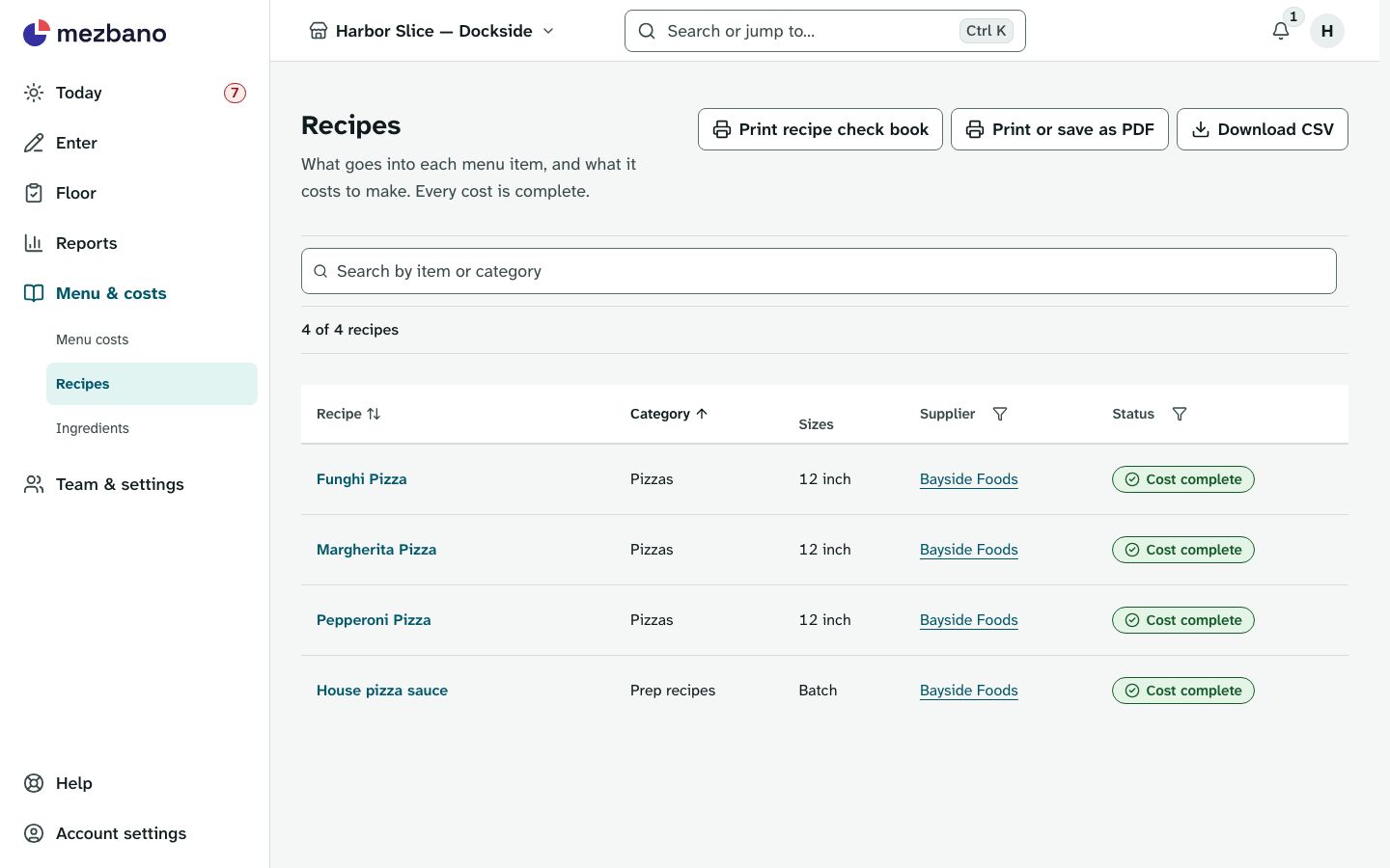 The Recipes page on a desktop, listing four recipes with their category, size, supplier and a Cost complete status.
