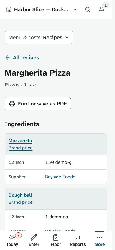 A recipe sheet on a phone for a pizza, listing each ingredient with its amount and supplier.