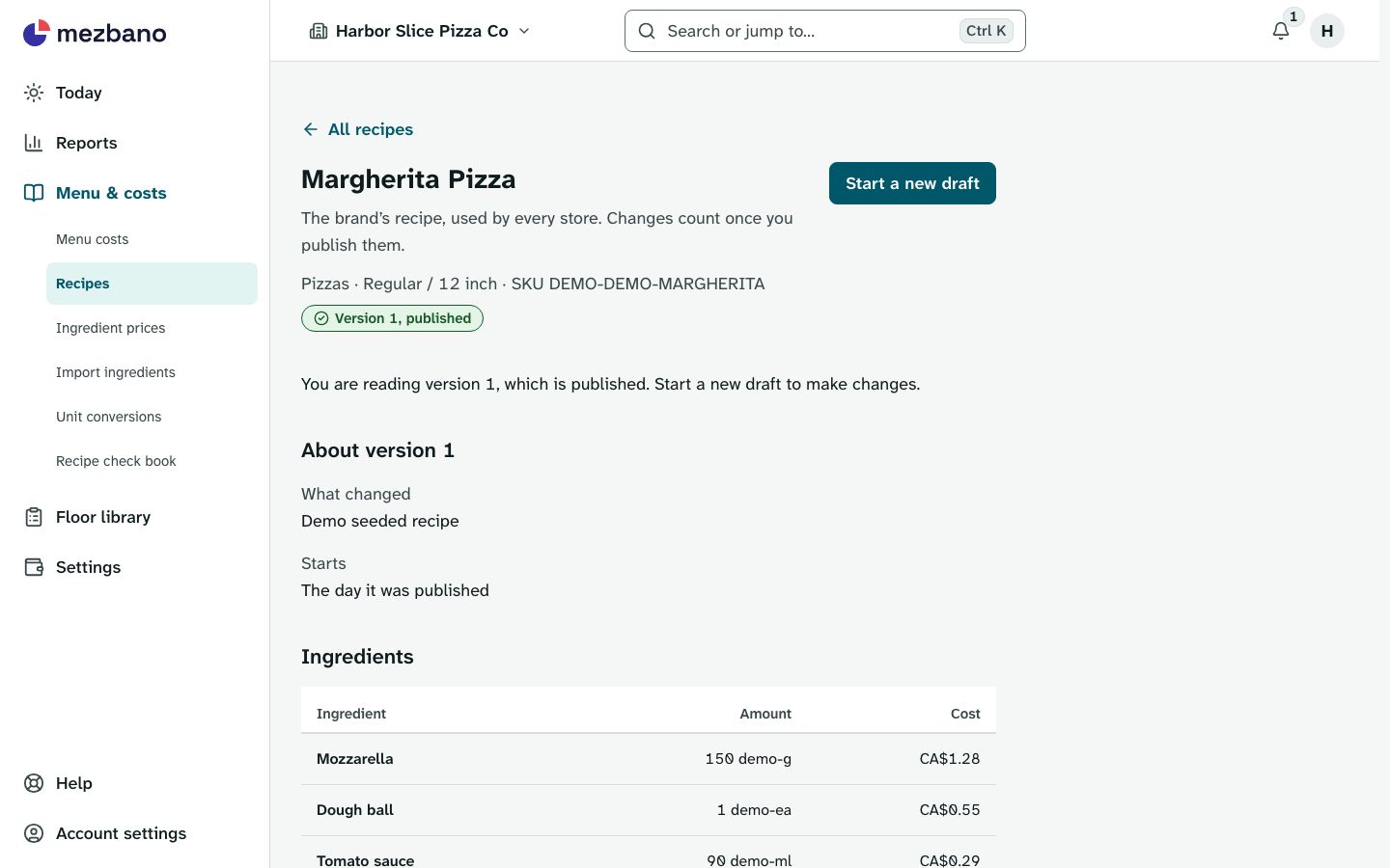 The brand’s recipe page on a desktop: a published recipe, version 1, with each ingredient’s amount and cost and a Start a new draft button.