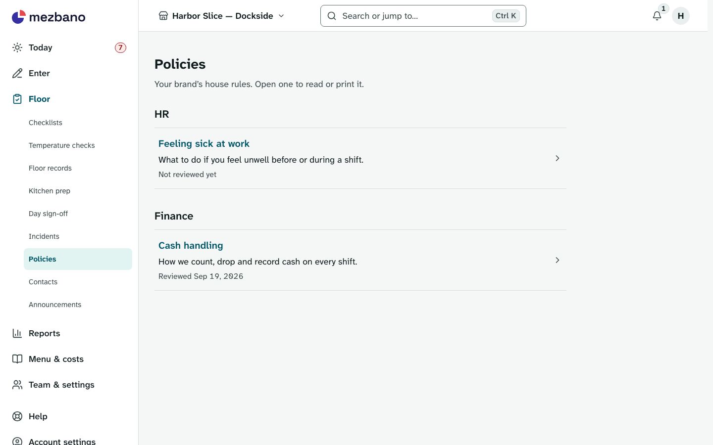 The Policies page on a desktop, listing the brand’s house rules by category, each with a short summary and its last review date.
